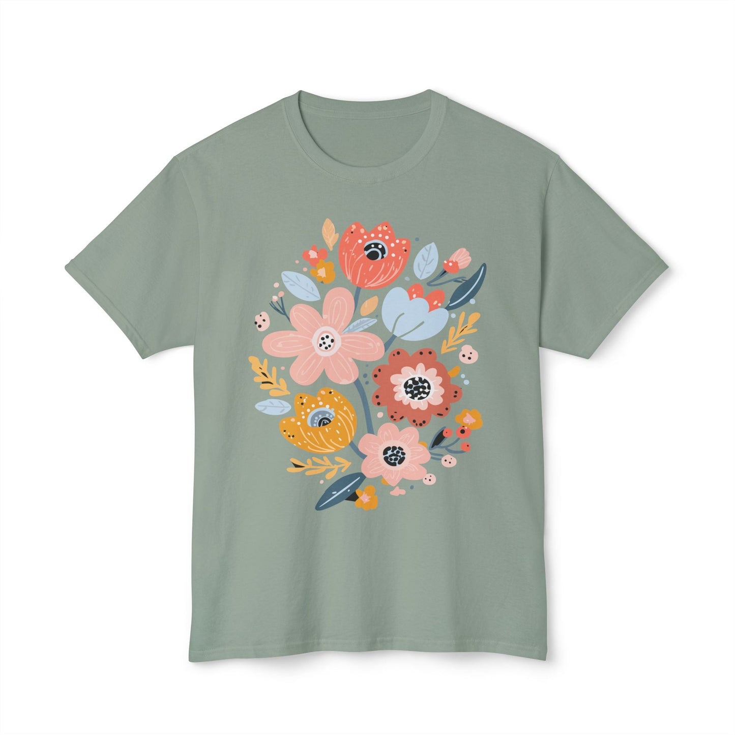 Unisex Floral Art T Shirt with Vintage Flowers Print One Hundred Percent Cotton Tee Printed In USA