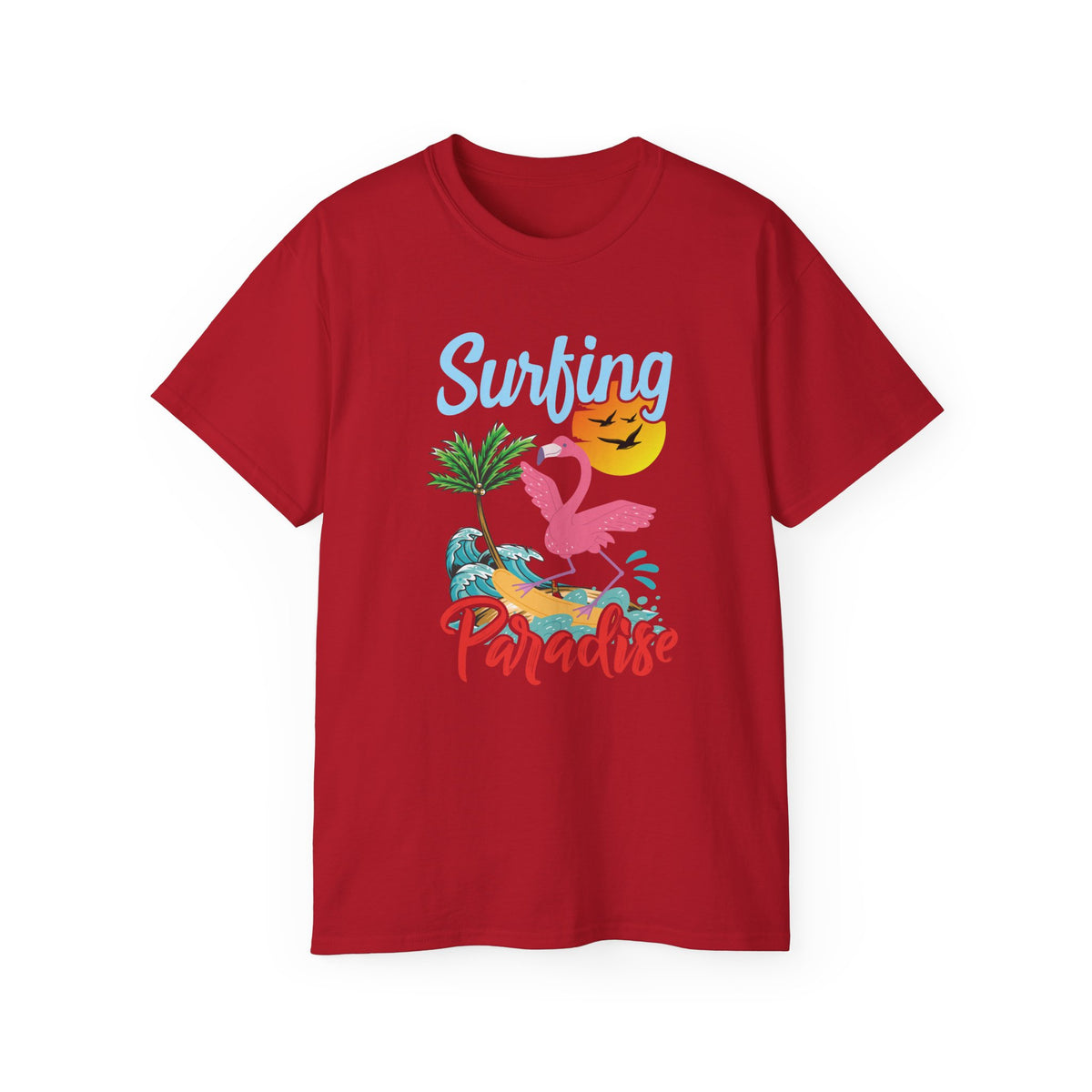 Surfing Paradise Flamingo Tee | Tropical Palm Sunset Surfboard