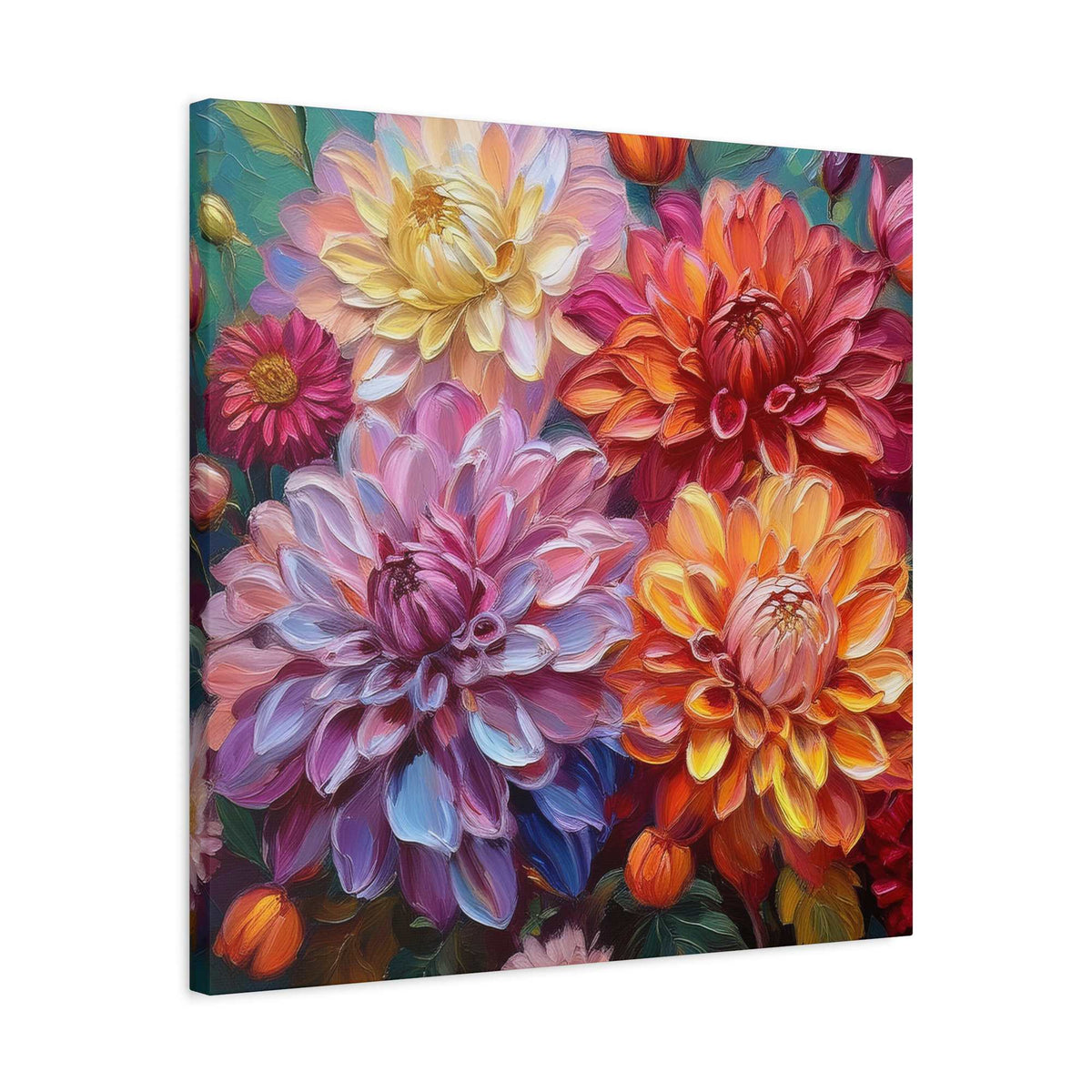 Dahlias Floral Print Canvas, Floral Oil Paint Print 20x20, 24x24, 30x30, 32x32, 36x36 Art Design Pine-Wood Inner Frame MC-167