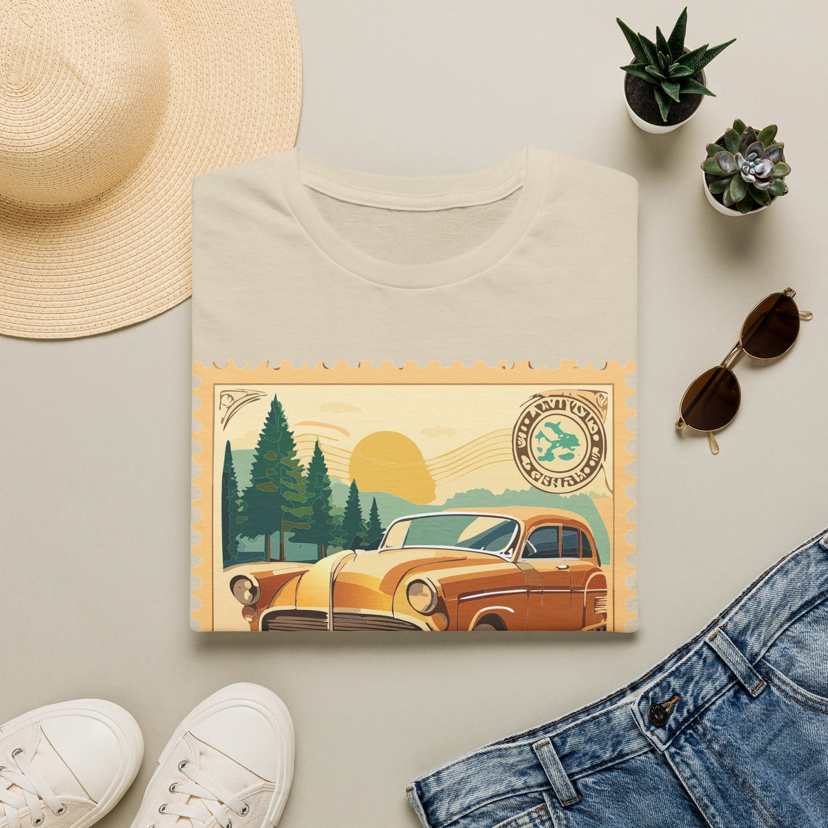 Vintage Classic Car Stamp T-Shirt | Retro Roadtrip Scenic Graphic Tee Unisex 100 Cotton Gildan T-Shirt