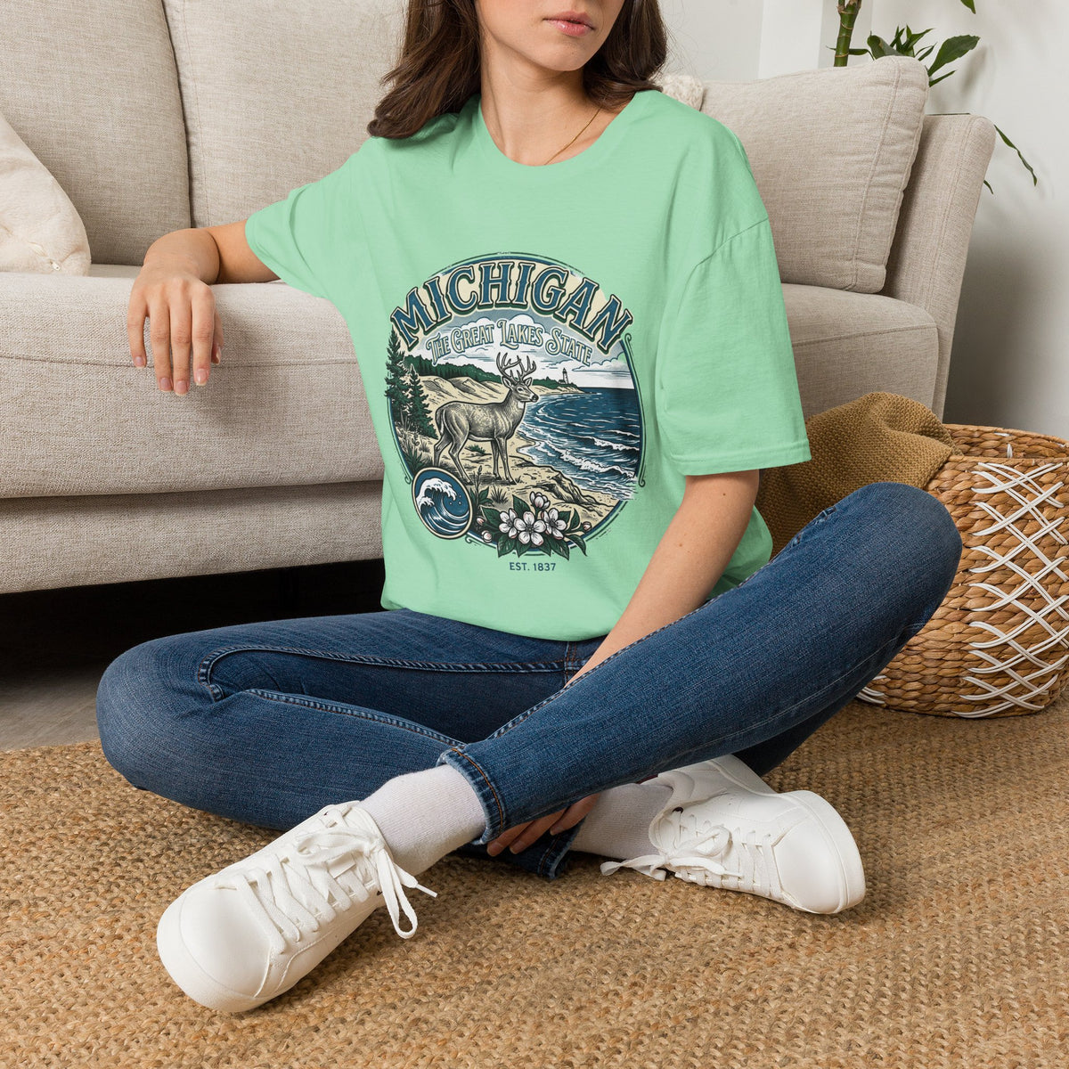 Michigan Deer Scenic T-Shirt — Vintage Great Lakes Travel Tourist Graphic Design Unisex 100 Cotton Gildan T-Shirt