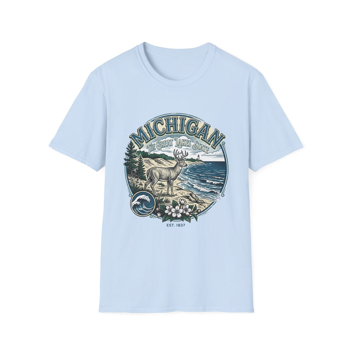 Michigan Deer Scenic T-Shirt — Vintage Great Lakes Travel Tourist Graphic Design Unisex 100 Cotton Gildan T-Shirt