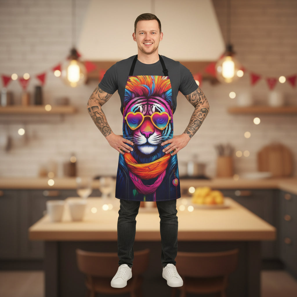 Colorful Lion Apron with Heart Sunglasses — Vibrant Neon Animal Kitchen Apron Stain-Resistant - Art Print Canvas Apron
