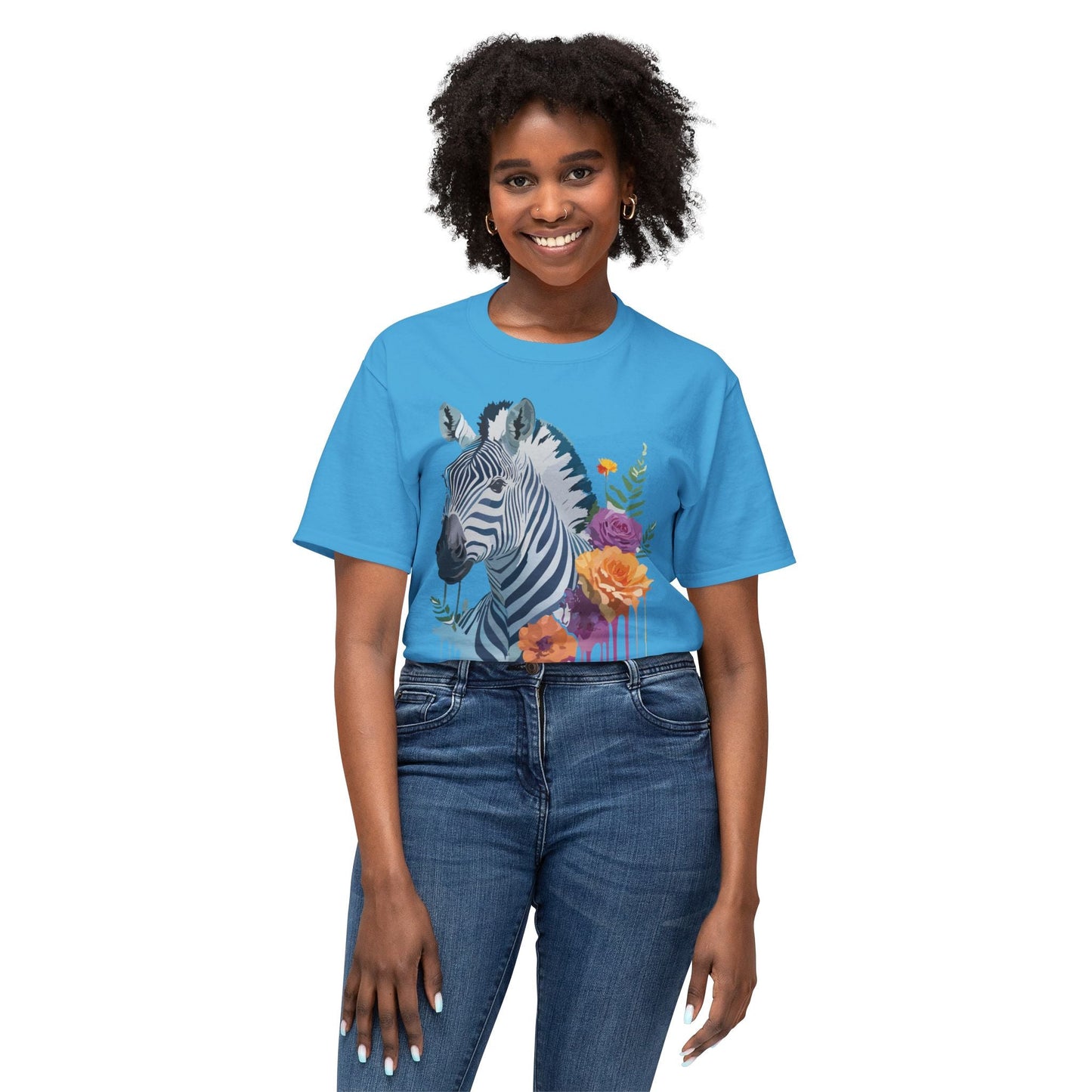 Unisex Zebra T Shirt With Floral Art Print Premium HD Cotton Jersey Tee Made In USA