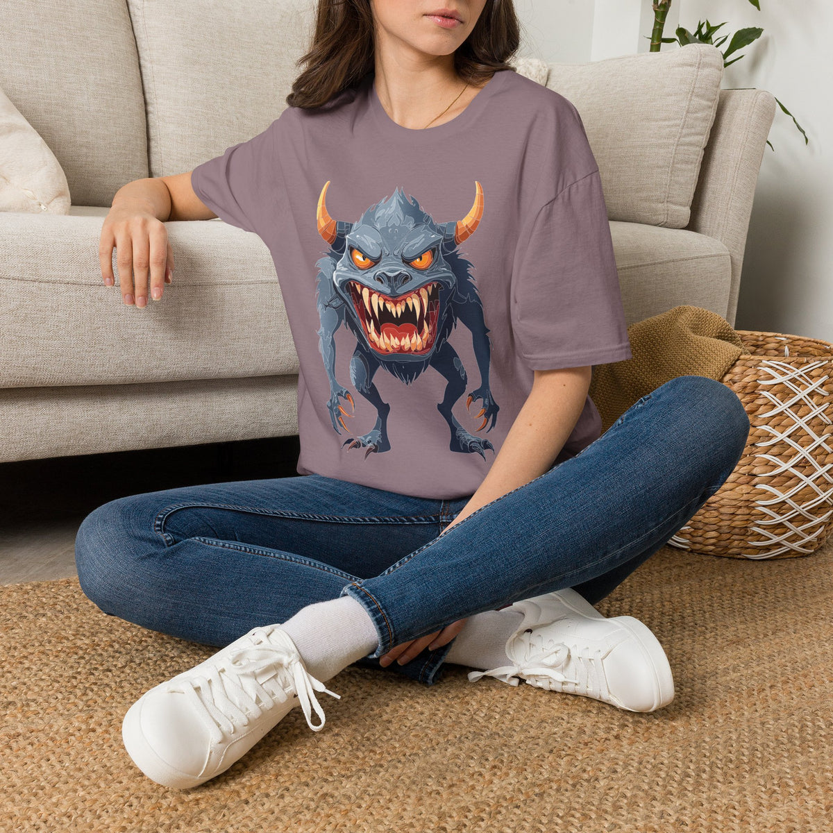 Demonic Monster Graphic T-Shirt — Fierce Horned Creature Cartoon Graphic Tee Unisex 100 Cotton Gildan T-Shirt