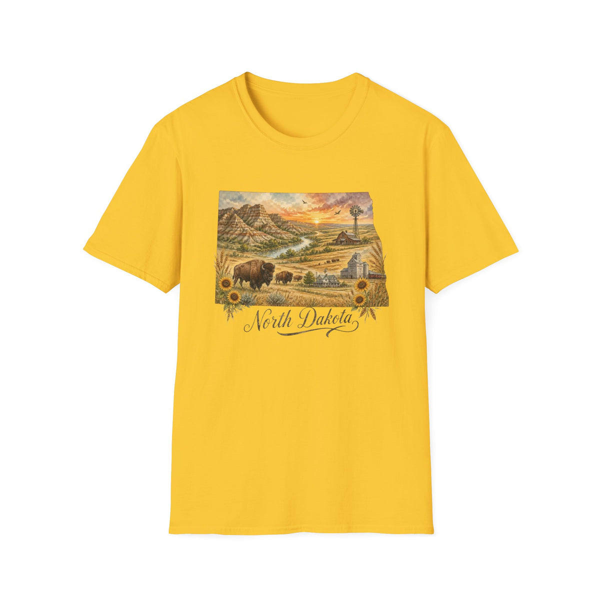 North Dakota State Travel Tourist Graphic Design Unisex 100 Cotton Gildan T-Shirt