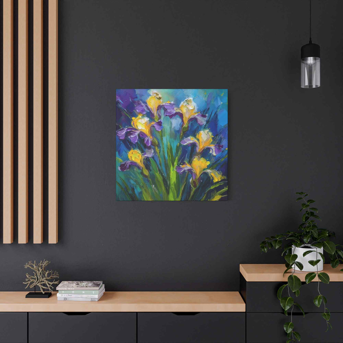 Irises Floral Print Canvas, Floral Oil Paint Print 20x20, 24x24, 30x30, 32x32, 36x36 Art Design Pine-Wood Inner Frame MC-184