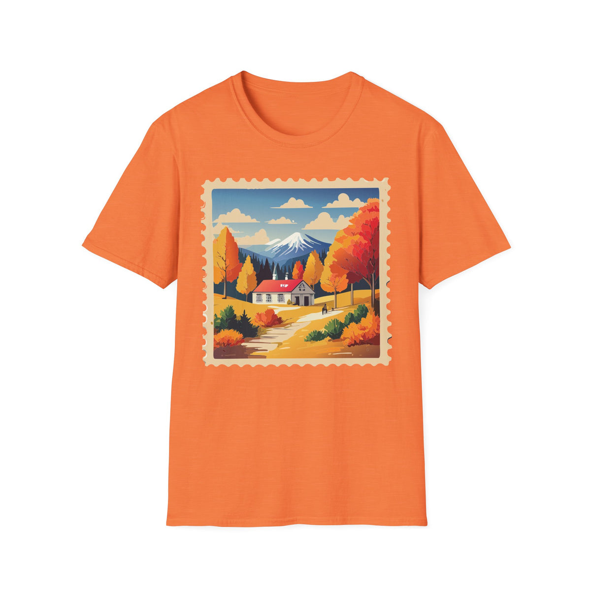 Autumn Mountain Cabin T-Shirt | Fall Landscape Stamp Art
