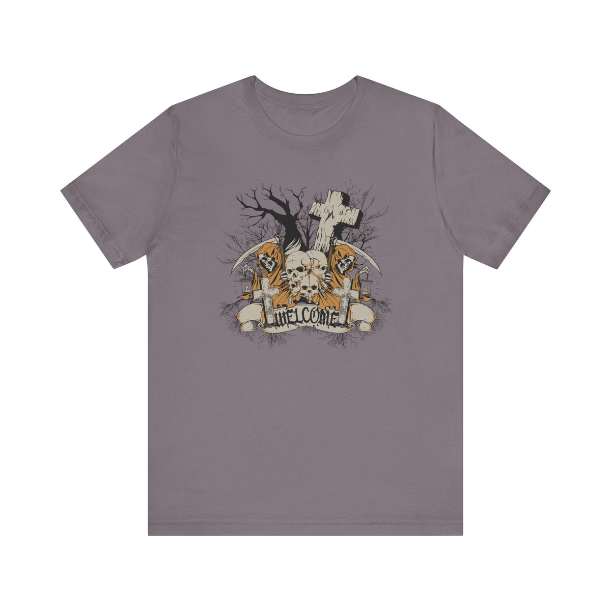 Skull Graveyard Welcome Tee Halloween Haunted Tree Cross Tombstone Unisex Cotton Art-50