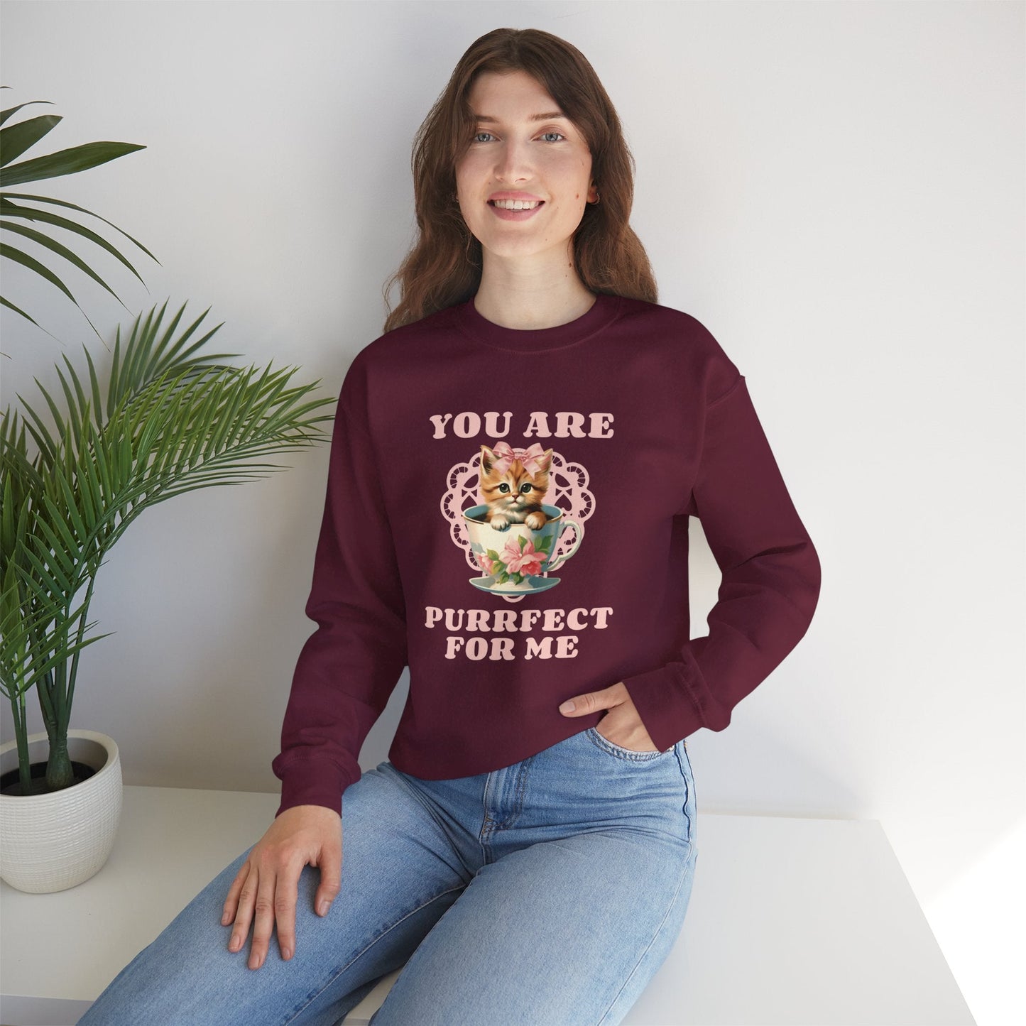 Cat Sweatshirt With Heart Print Valentines Day Unisex 50 50 Cotton Poly Crewneck