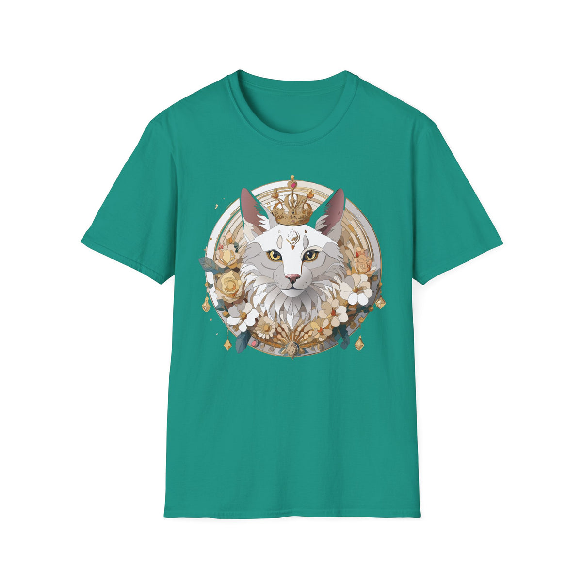 Regal Cat Crown graphic T-Shirt | White Cat Illustration, Floral Halo