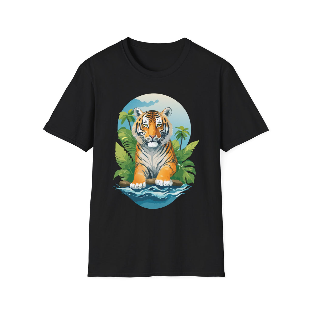 Tropical Tiger Illustration T-Shirt | Jungle Palm Sunset Tee