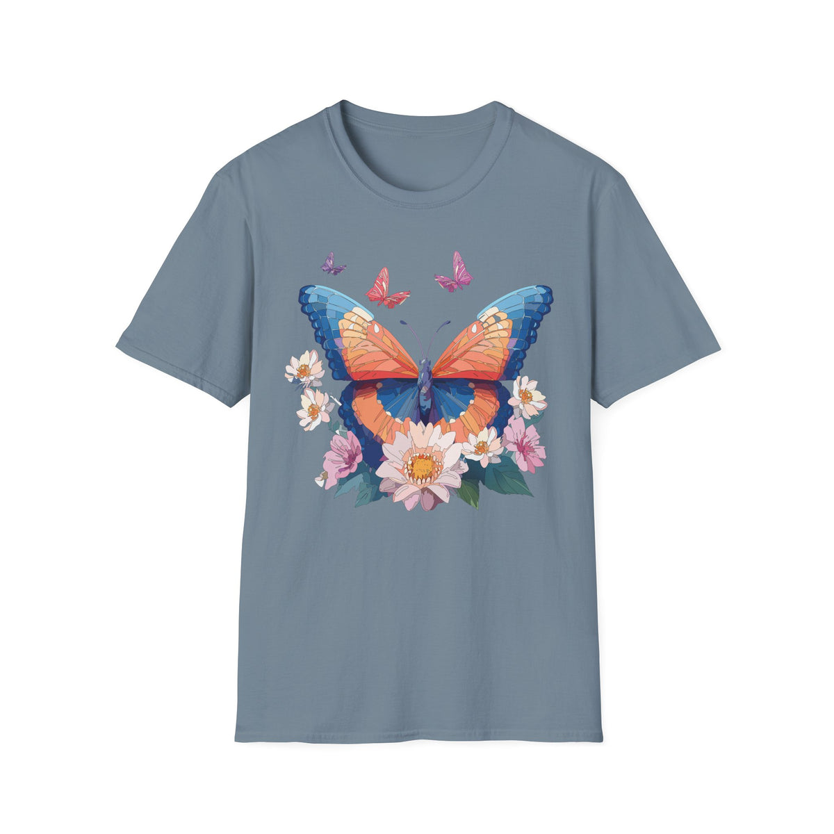 Butterfly Floral T-Shirt – Vibrant Orange & Blue Butterfly with Flowers Graphic Tee Unisex 100 Cotton Gildan T-Shirt