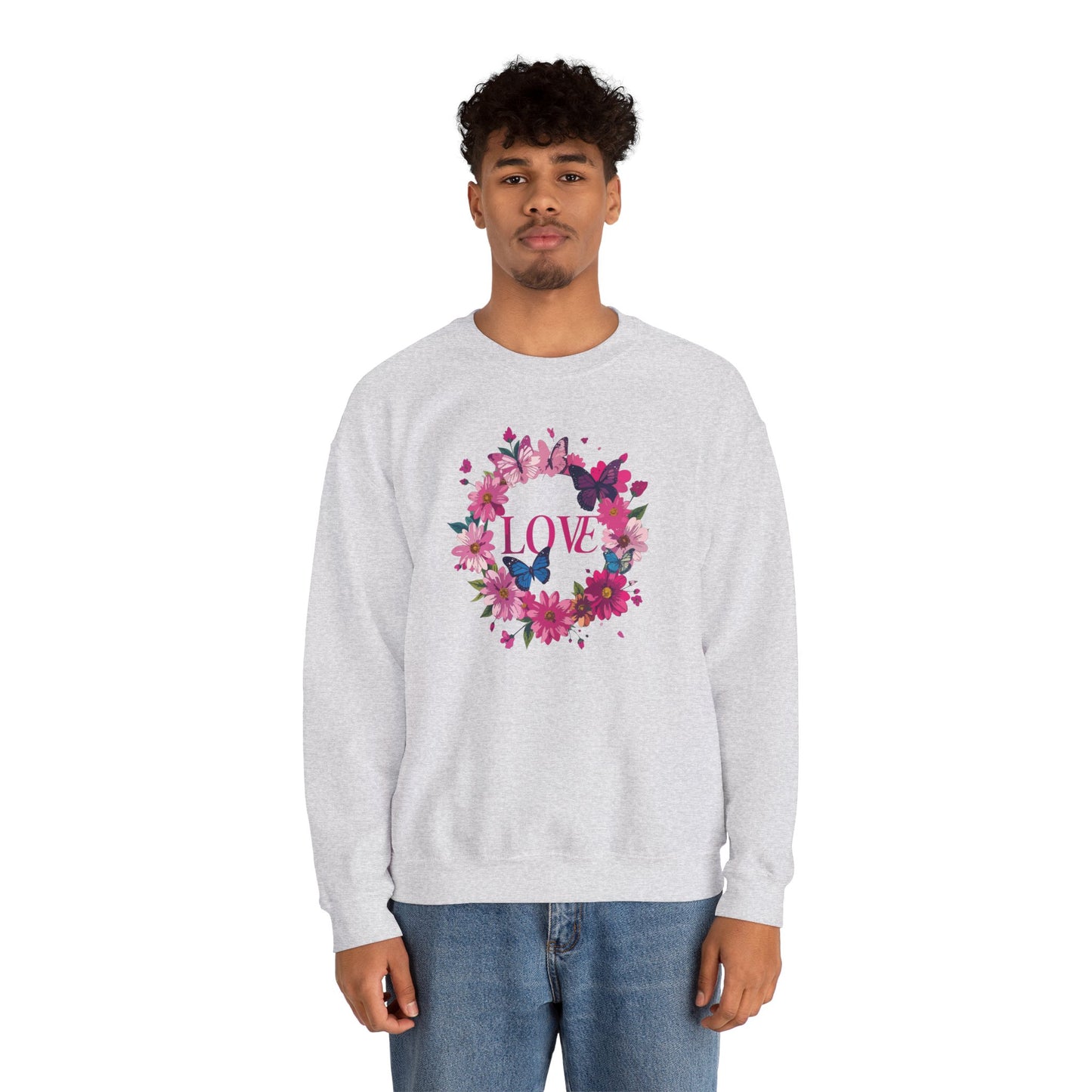 Unisex Floral Love Sweatshirt, Love Floral Sweatshirt, Floral Butterfly Sweatshirt, 50/50 Cotton-Poly Valentine's Day Sweatshirt 04