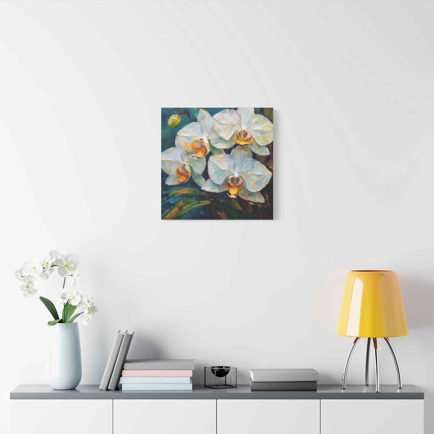White Orchids Print Canvas, Floral Oil Paint Print 20x20, 24x24, 30x30, 32x32, 36x36 Art Design Pine-Wood Inner Frame MC-135