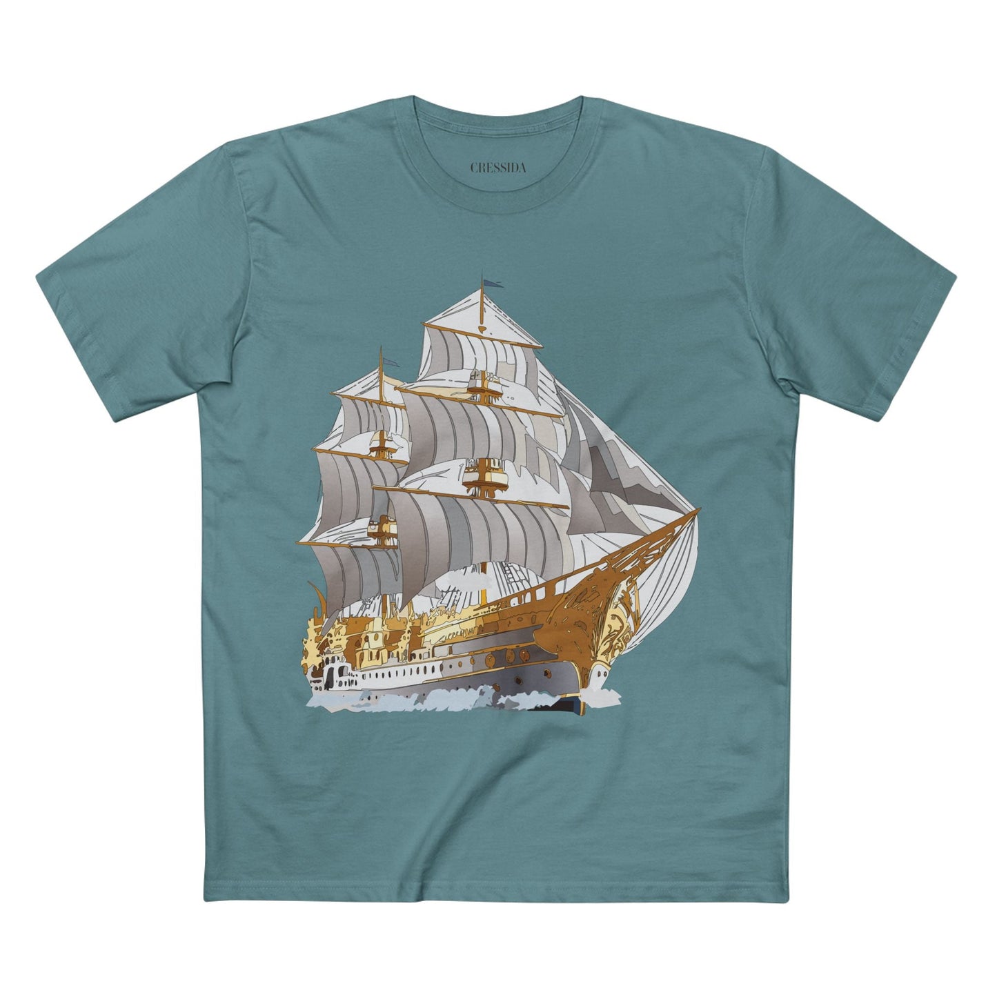 Ship Graphic Unisex 100 Cotton T-Shirt with Gold Frigate Art Design 15