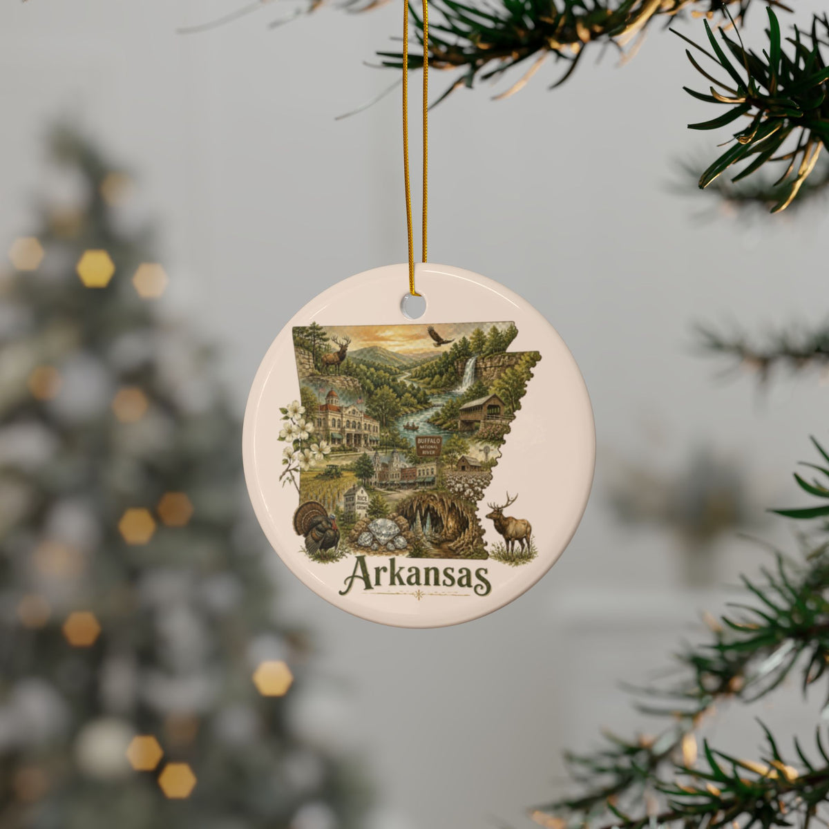Arkansas State Map Collage Ceramic Ornament | Round Two-Sided Ornament - 2.99" Includes Gold String