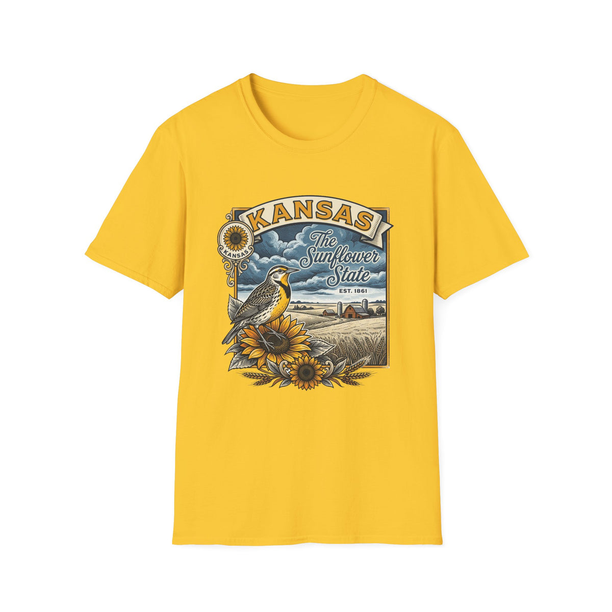 Kansas Sunflower State T-Shirt | Meadow Bird Vintage Travel Tourist Graphic Design Unisex 100 Cotton Gildan T-Shirt