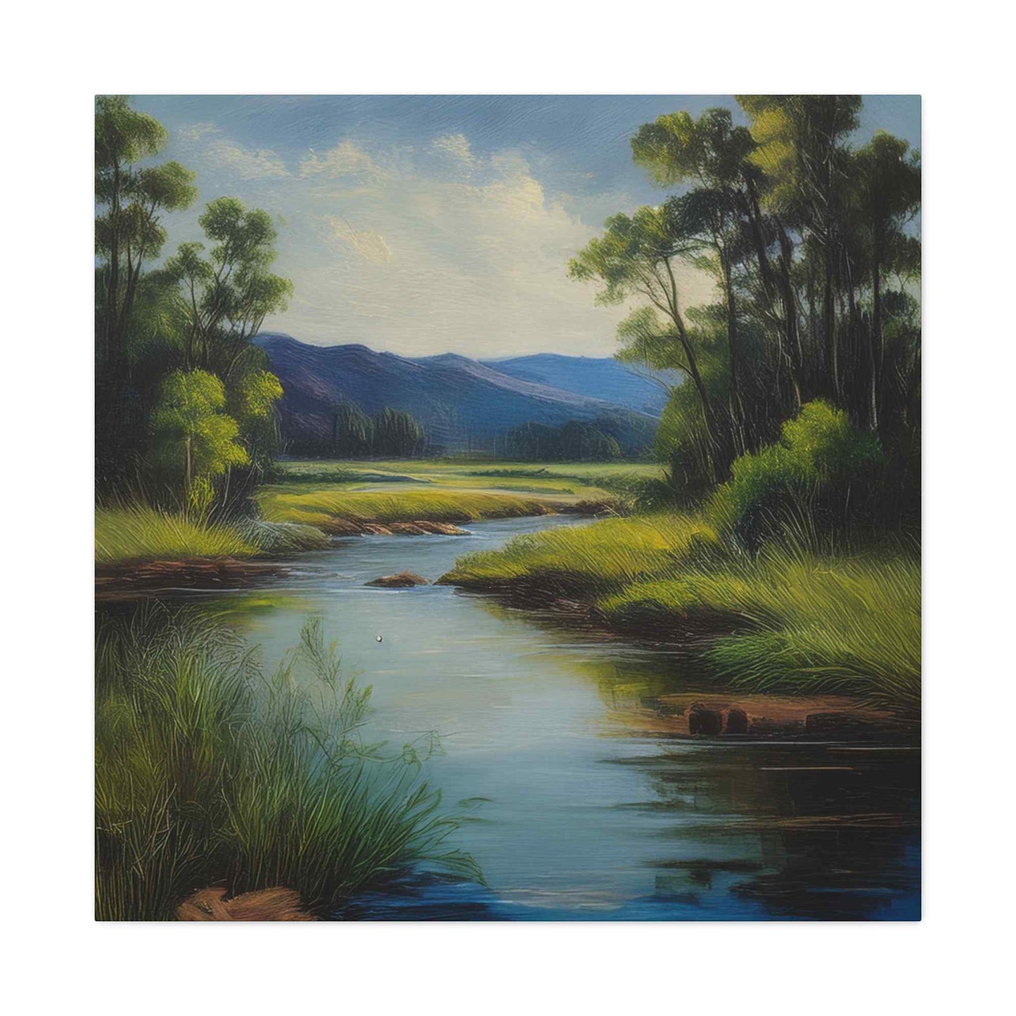 River Print Canvas, Landscape Oil Paint Print 20x20, 24x24, 30x30, 32x32, 36x36 Art Design Print Pine-Wood Inner Frame MC-54