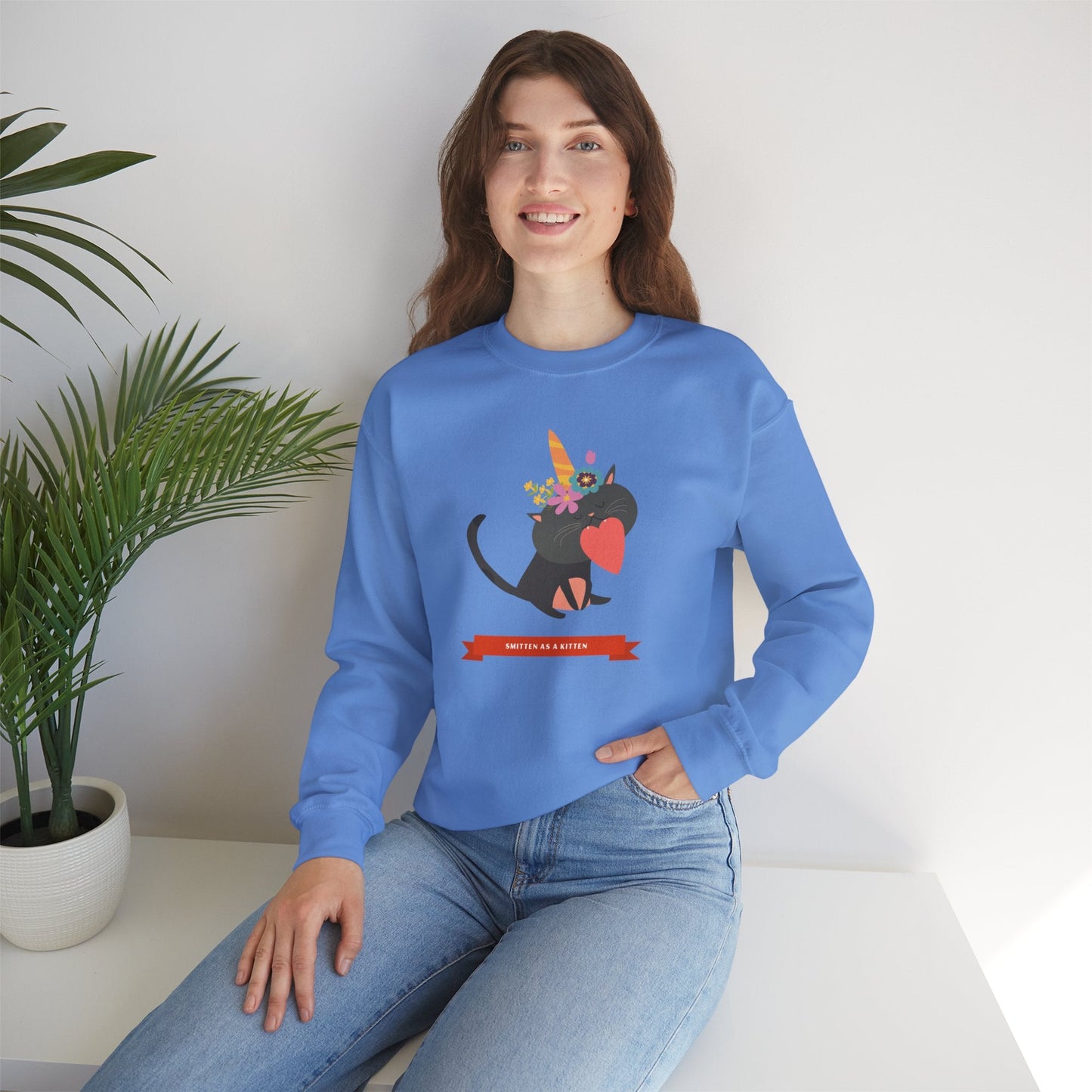 Cat Heart Sweatshirt Unisex Valentine Gift 50/50 Cotton-Poly Crewneck Gildan 18000