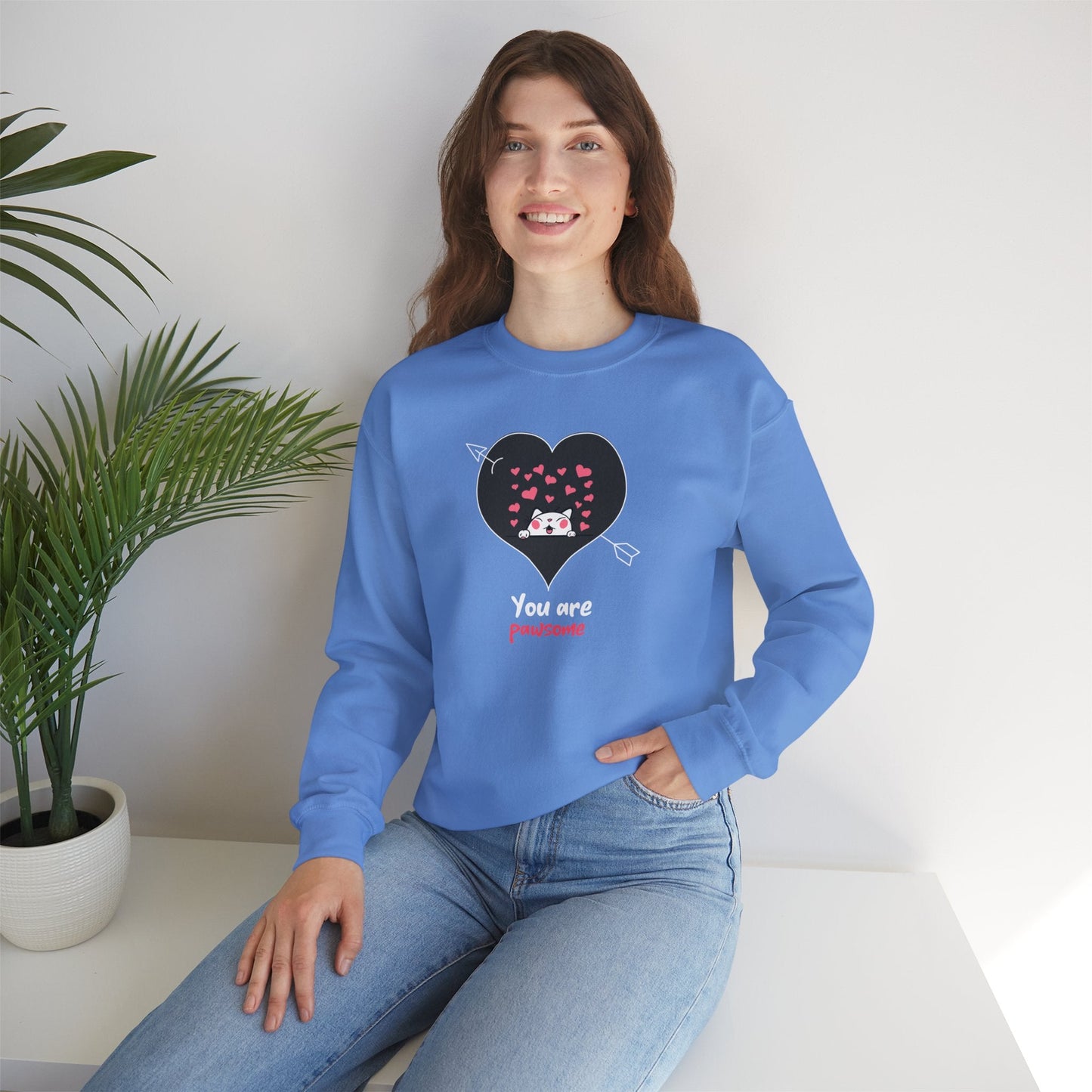 Cat Heart Sweatshirt Valentines Day Fifty Fifty Cotton Poly Unisex Crewneck Gift Idea