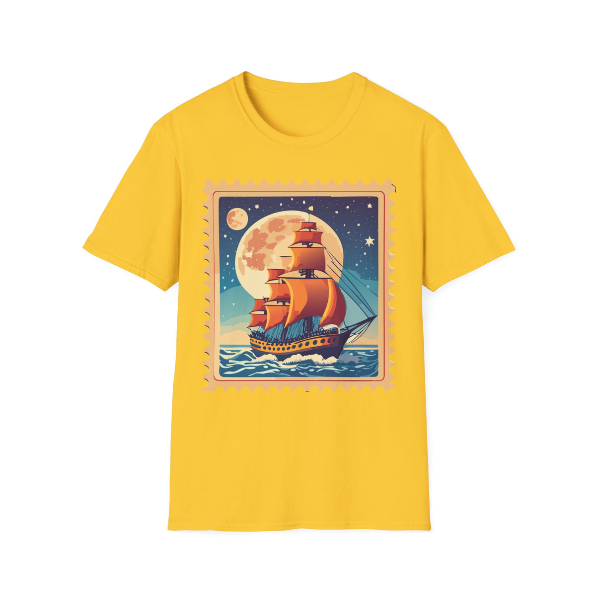 Vintage Sailing Ship T‑Shirt — Nautical Stamp Moonlight Travel Post Graphic Design Unisex 100 Cotton Gildan T-Shirt
