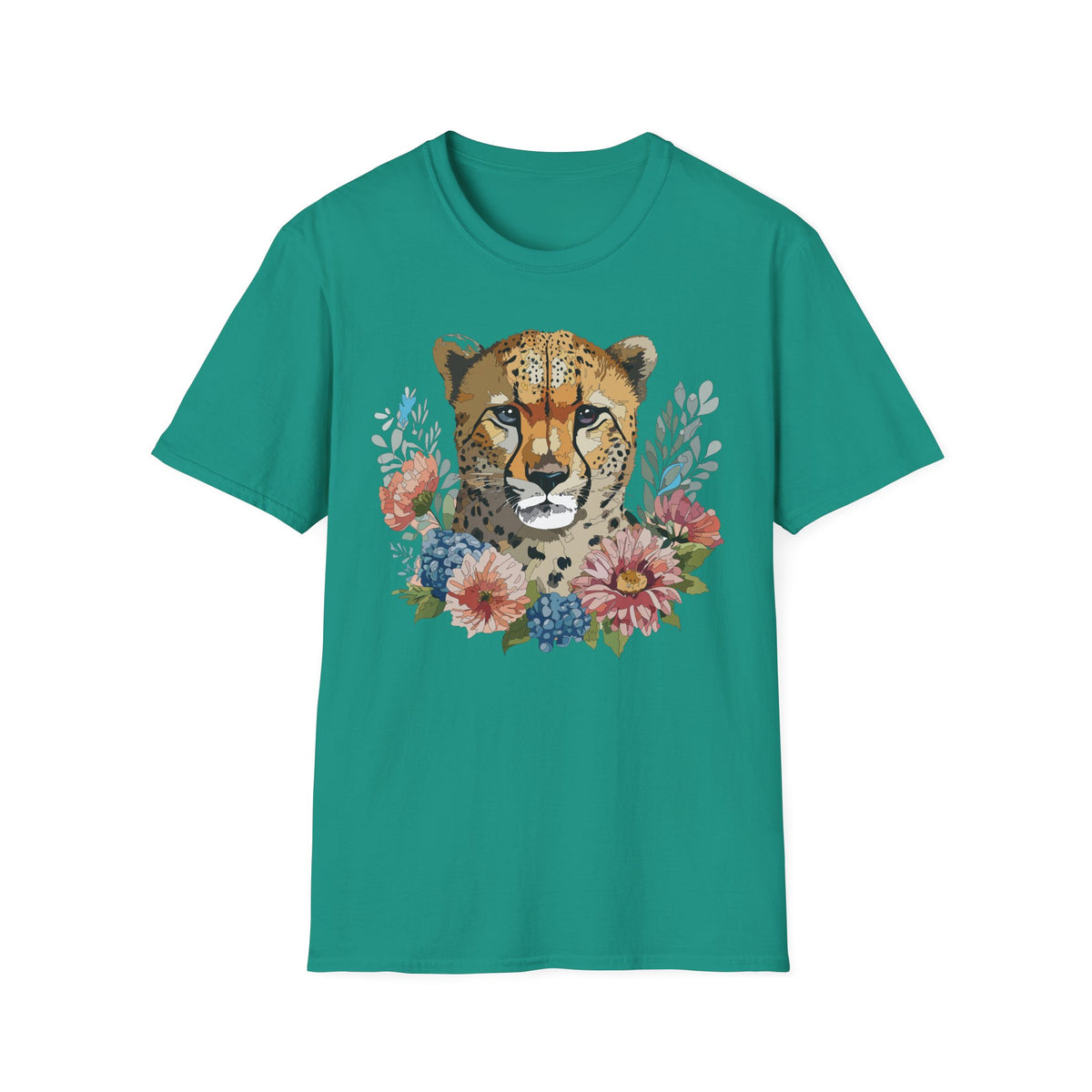 Floral Cheetah Face T-Shirt | Wild Cat Illustration, Botanical Accent