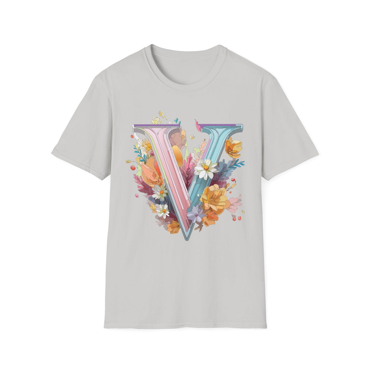 Floral Letter V T-Shirt | Pastel Botanical Initial Tee