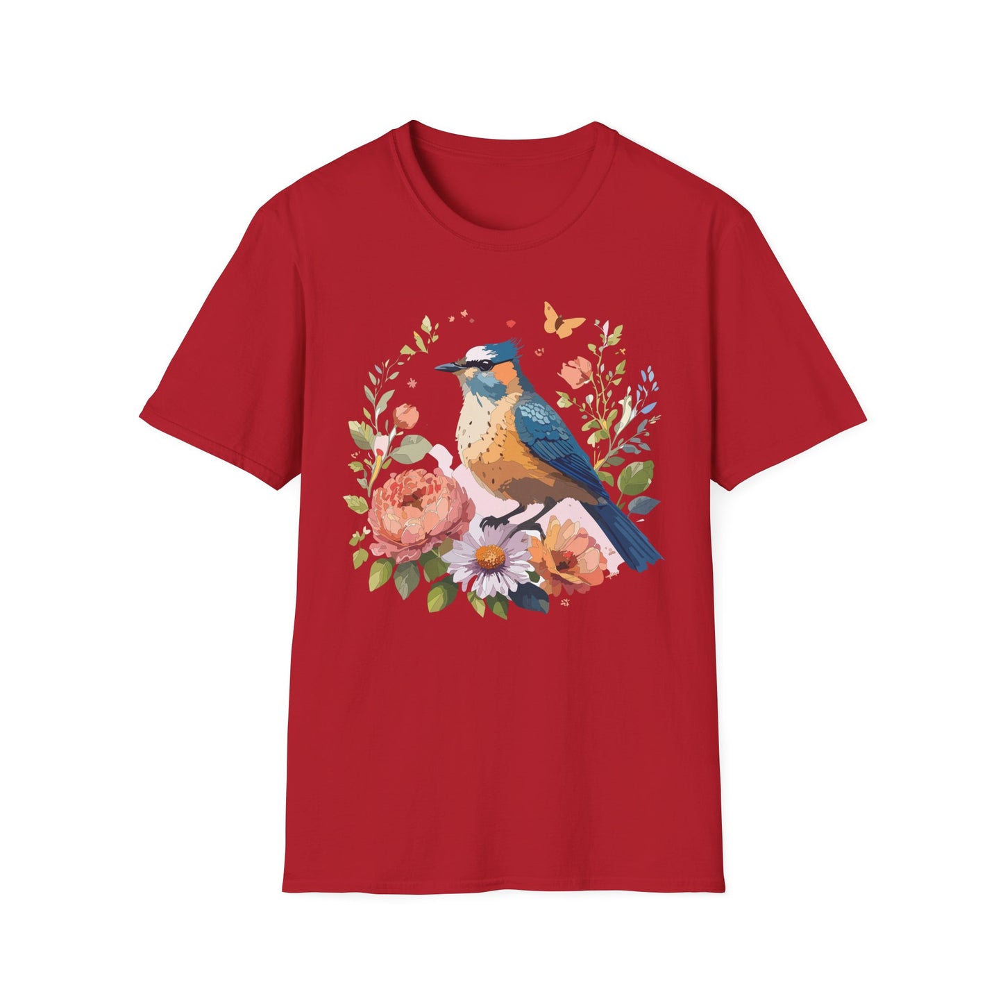 Floral Bluebird T-Shirt Unisex Cotton Short Sleeves Tee Shirt with Bird 3