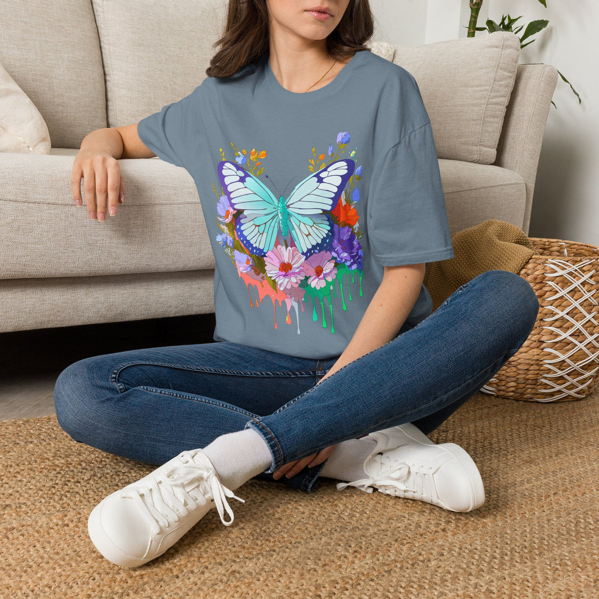 Butterfly Floral Drip T-Shirt — Teal Butterfly with Watercolor Flowers Graphic Tee Unisex 100 Cotton Gildan T-Shirt