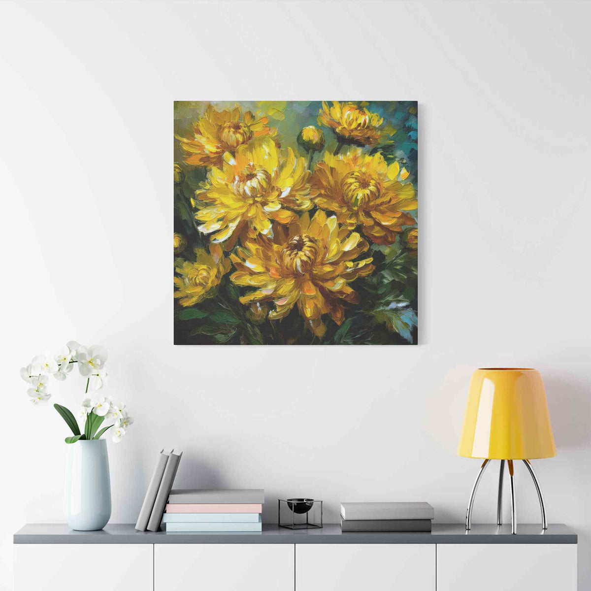 Chrysanthemums Print Canvas, Floral Oil Paint Print 20x20, 24x24, 30x30, 32x32, 36x36 Art Design Pine-Wood Inner Frame MC-162