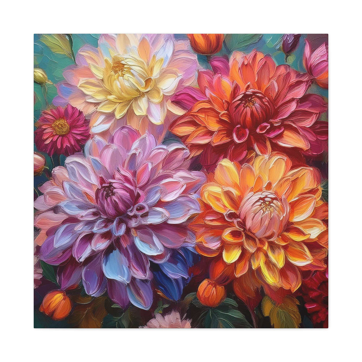 Dahlias Floral Print Canvas, Floral Oil Paint Print 20x20, 24x24, 30x30, 32x32, 36x36 Art Design Pine-Wood Inner Frame MC-167