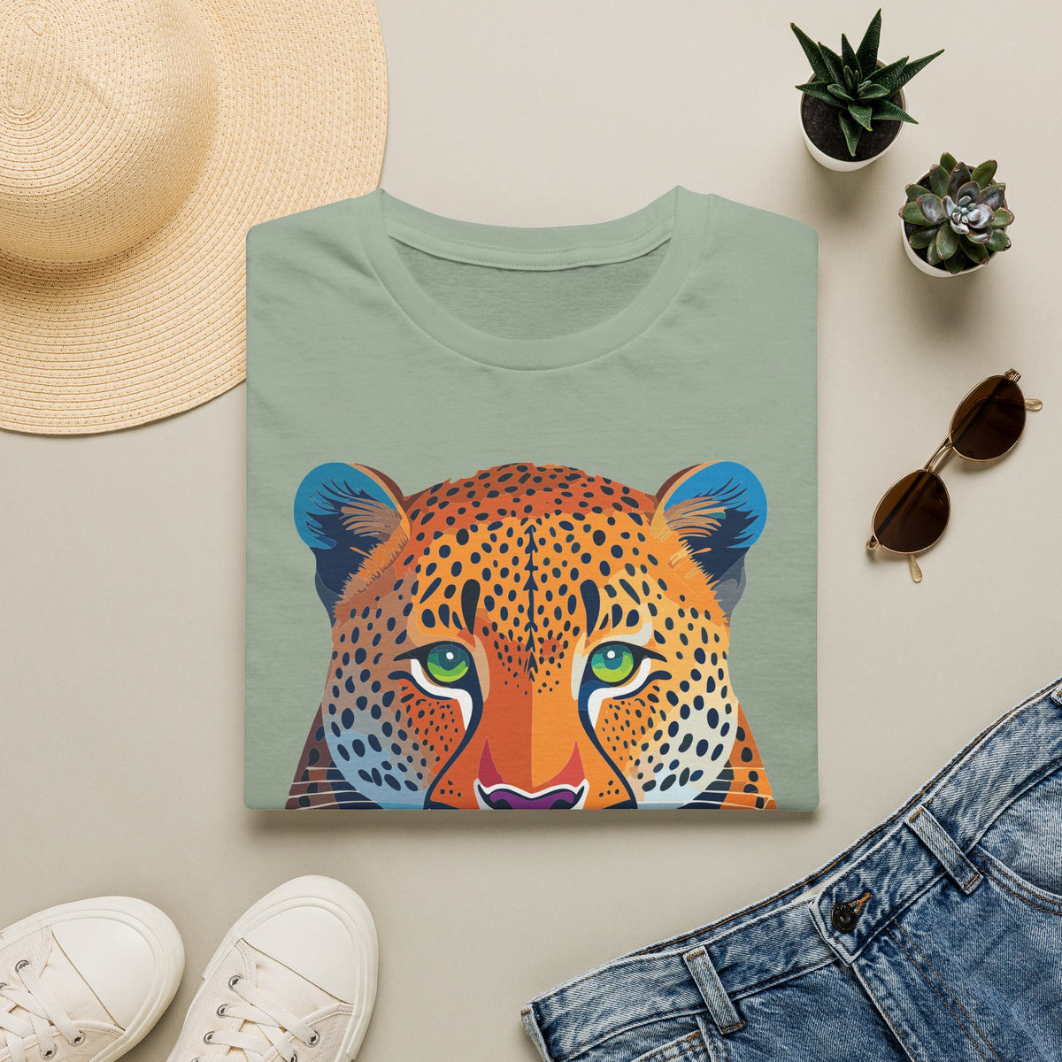 Colorful Leopard Face T-Shirt | Vibrant Big Cat Illustration