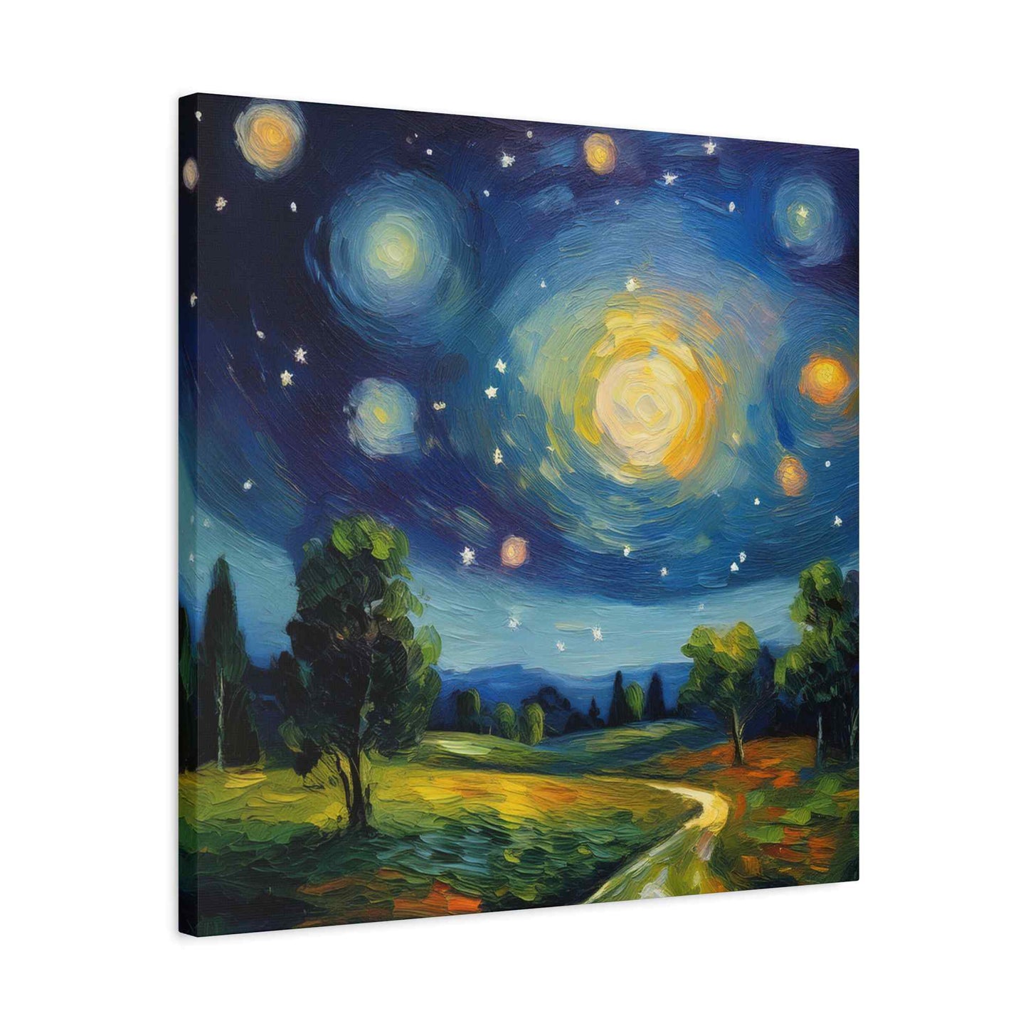 Starry Night Print Canvas, Oil Paint Print 20x20, 24x24, 30x30, 32x32, 36x36 Art Design Print Pine-Wood Inner Frame MC-40