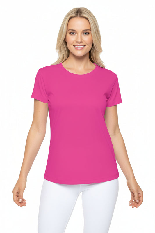 Dragonfruit Pink Women's Sports Jersey Short Sleeves 100% Poly Solid Hot Pink Color Print Athletic Tee