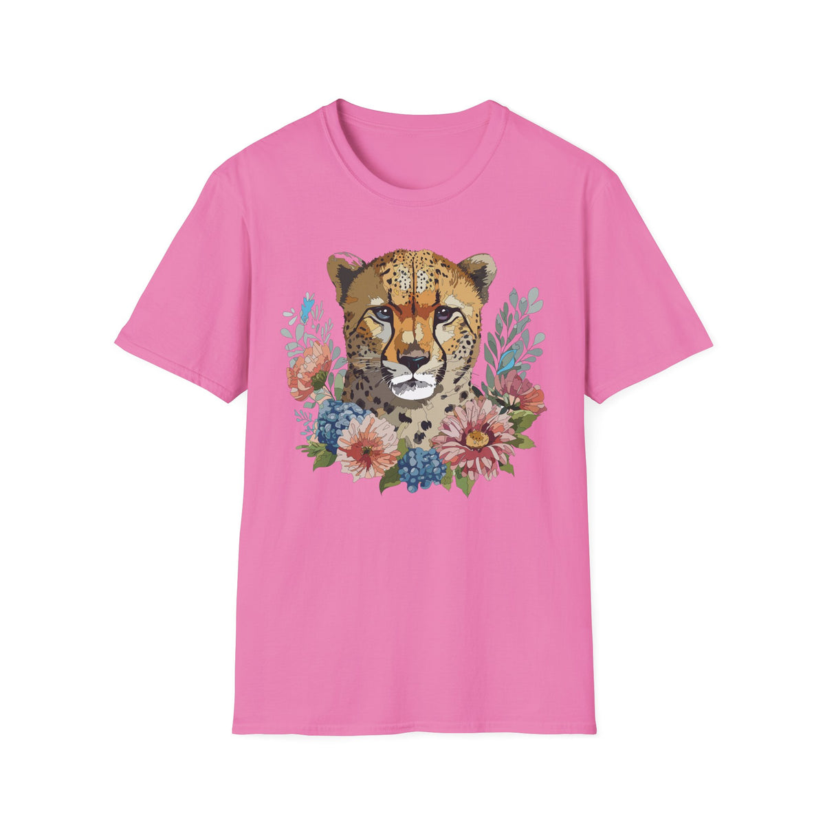 Floral Cheetah Face T-Shirt | Wild Cat Illustration, Botanical Accent