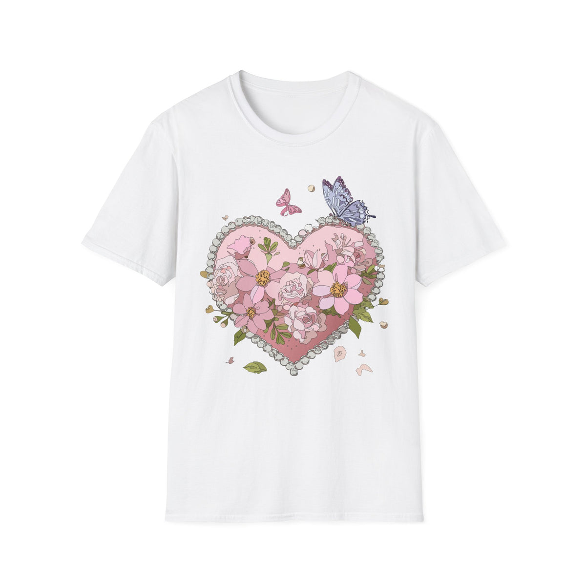 Floral Heart with Butterflies T-Shirt | Pink Flower Heart Graphic Tee Unisex 100 Cotton Gildan T-Shirt