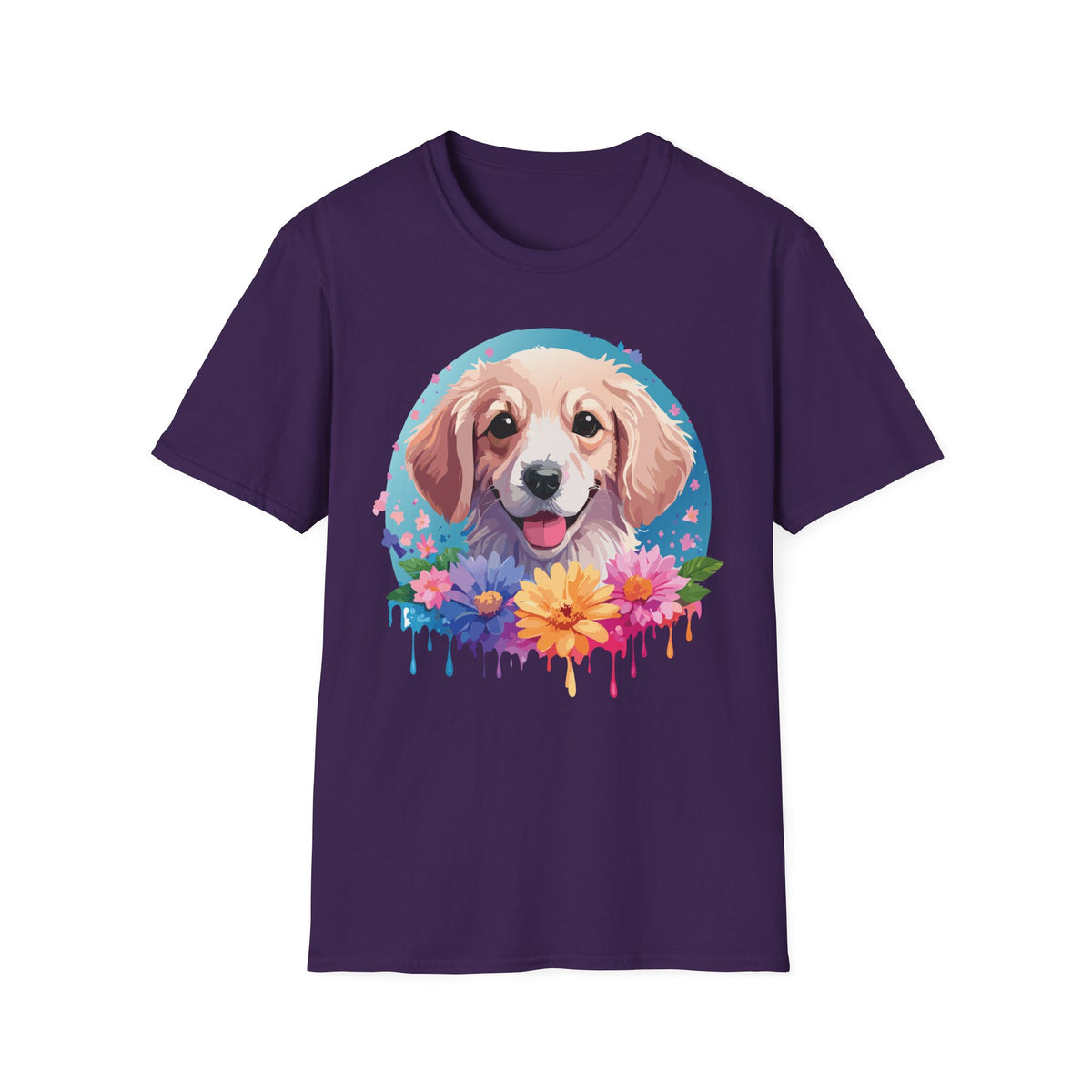 Happy Golden Retriever Portrait T-Shirt | Colorful Floral Dog Illustration