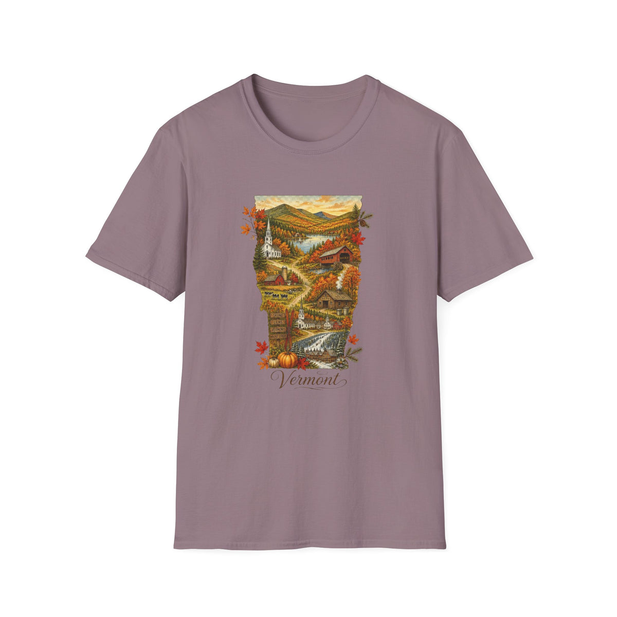 Vermont Fall Scenic T‑Shirt — Autumn Maple Leaves Landscape Travel Tourist Graphic Design Unisex 100 Cotton Gildan T-Shirt