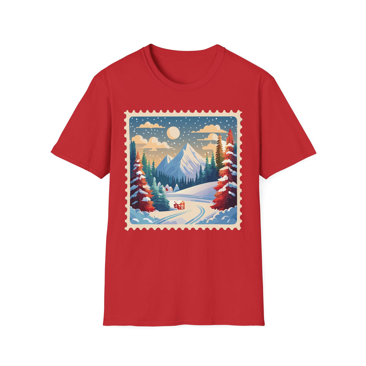 Vintage Winter Mountain Scene T-Shirt | Snowy Peaks Forest Illustration