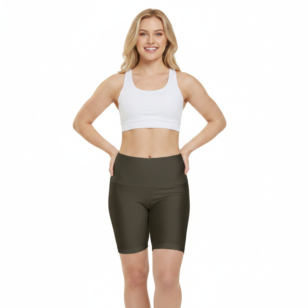 Dark Khaki High-Waist Women's Workout Shorts — Olive Biker Fitness Shorts