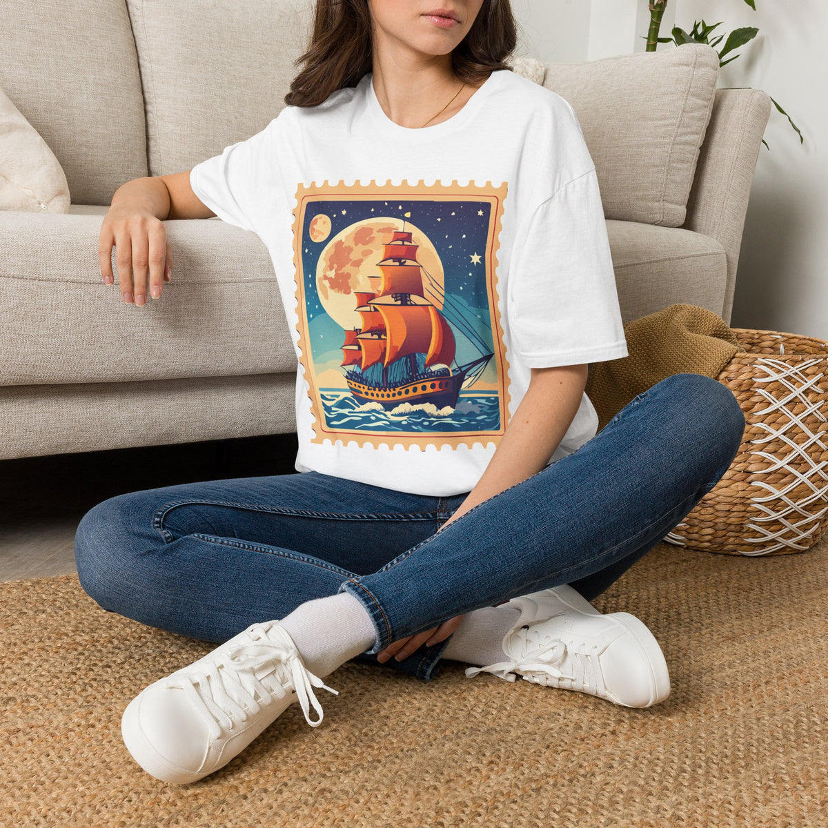 Vintage Sailing Ship T‑Shirt — Nautical Stamp Moonlight Travel Post Graphic Design Unisex 100 Cotton Gildan T-Shirt