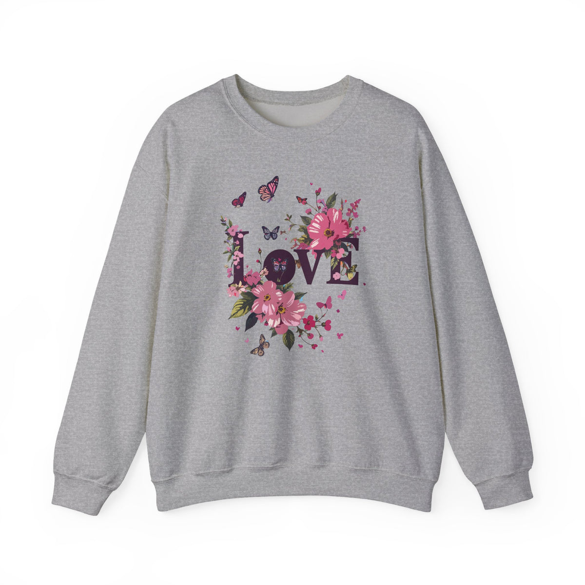 Unisex Floral Love Sweatshirt, Love Floral Sweatshirt, Floral Butterfly Sweatshirt, 50/50 Cotton-Poly Valentine's Day Sweatshirt 05