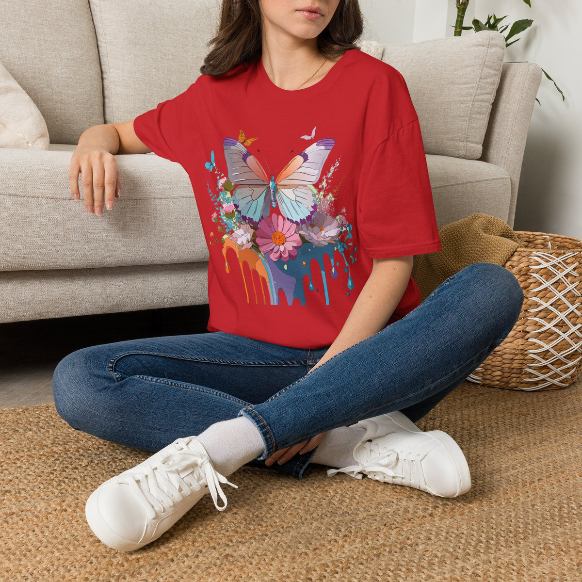 Butterfly Floral T-Shirt — Colorful Drip Art Garden Graphic Design Unisex 100 Cotton Gildan T-Shirt
