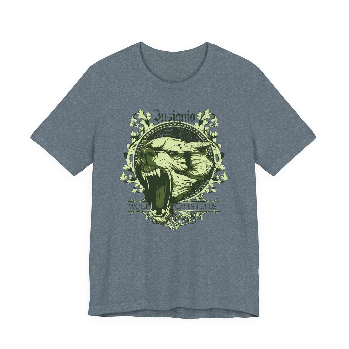 Howling Wolf Skull Tee Gothic Vintage Crest, Green Graphic Shirt Art-54