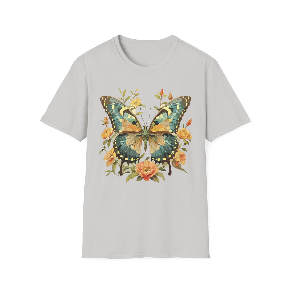 Butterfly Floral T-Shirt — Vintage Green & Gold Garden Graphic Tee Unisex 100 Cotton Gildan T-Shirt