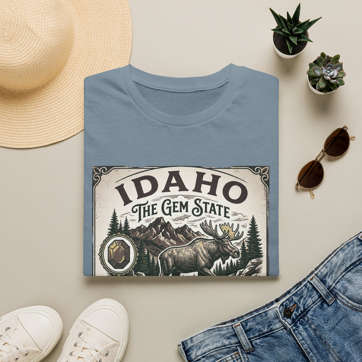 Idaho The Gem State Vintage Moose Travel Tourist Graphic Design Unisex 100 Cotton Gildan T-Shirt
