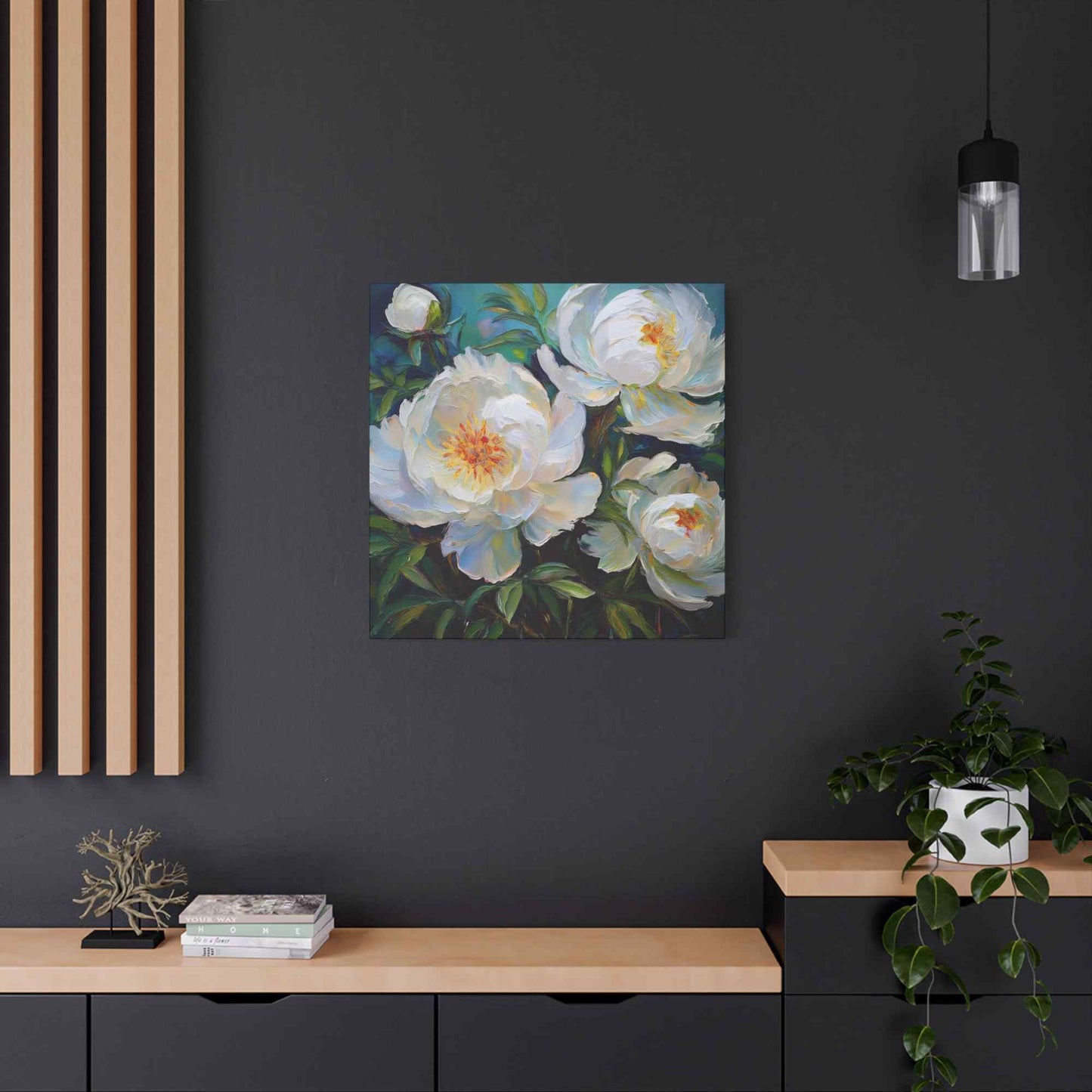 White Peonies Print Canvas, Floral Oil Paint Print 20x20, 24x24, 30x30, 32x32, 36x36 Art Design Pine-Wood Inner Frame MC-119