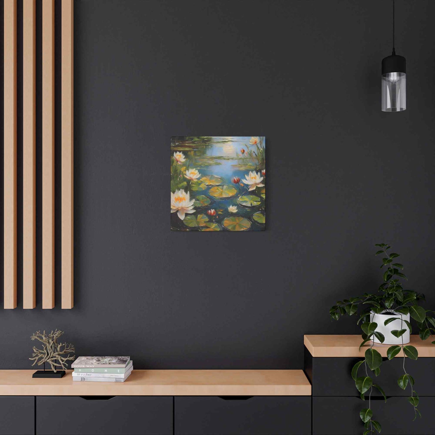 Water Lilies Print Canvas, Oil Paint Print 20x20, 24x24, 30x30, 32x32, 36x36 Floral Art Print Pine-Wood Inner Frame MC-64