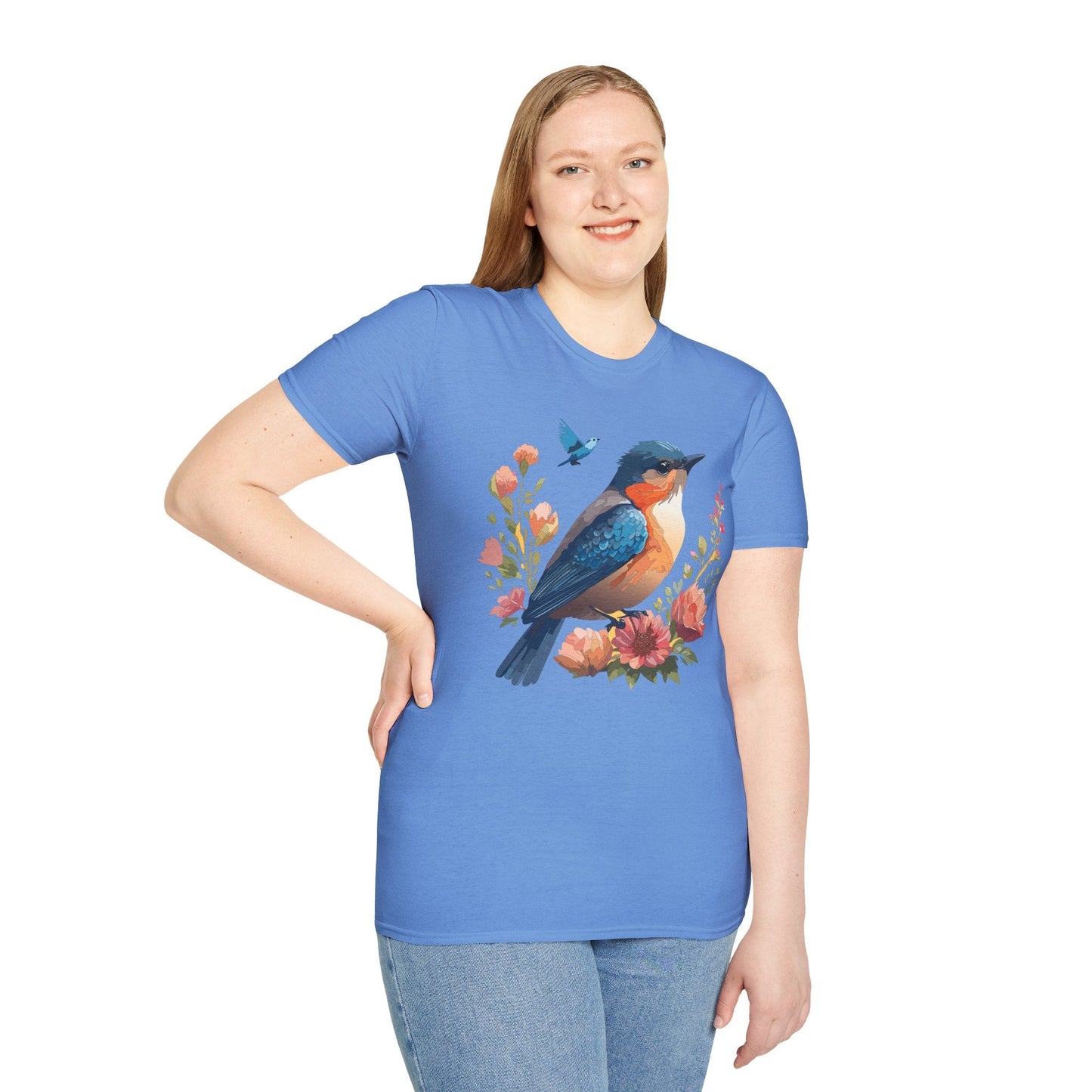 Unisex Floral Bird T Shirt Softstyle 64000 Gildan Ring Spun Cotton Tee Relaxed Fit